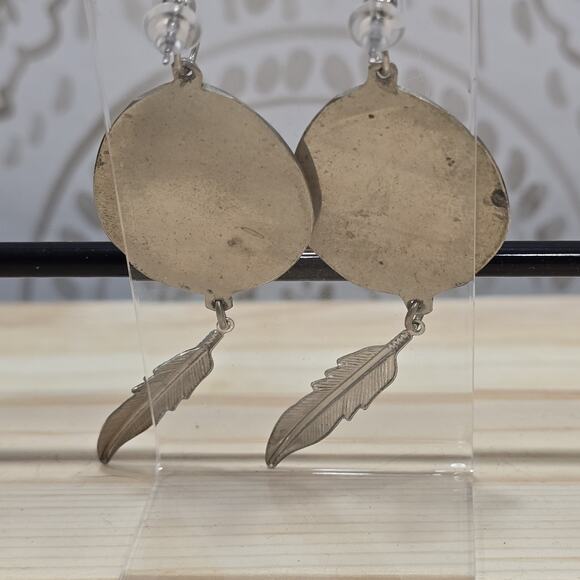 Silver Turquoise Bear Paw Feather Dangle Earrings Native American Tribal - Picture 4 of 13